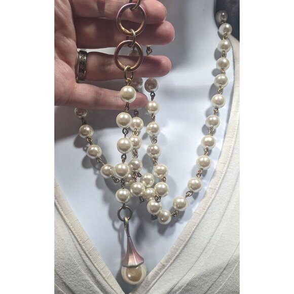 Vintage Korean EXP Faux Pearl Anodized Gold Tone Y Drop Necklace - Picture 3 of 7